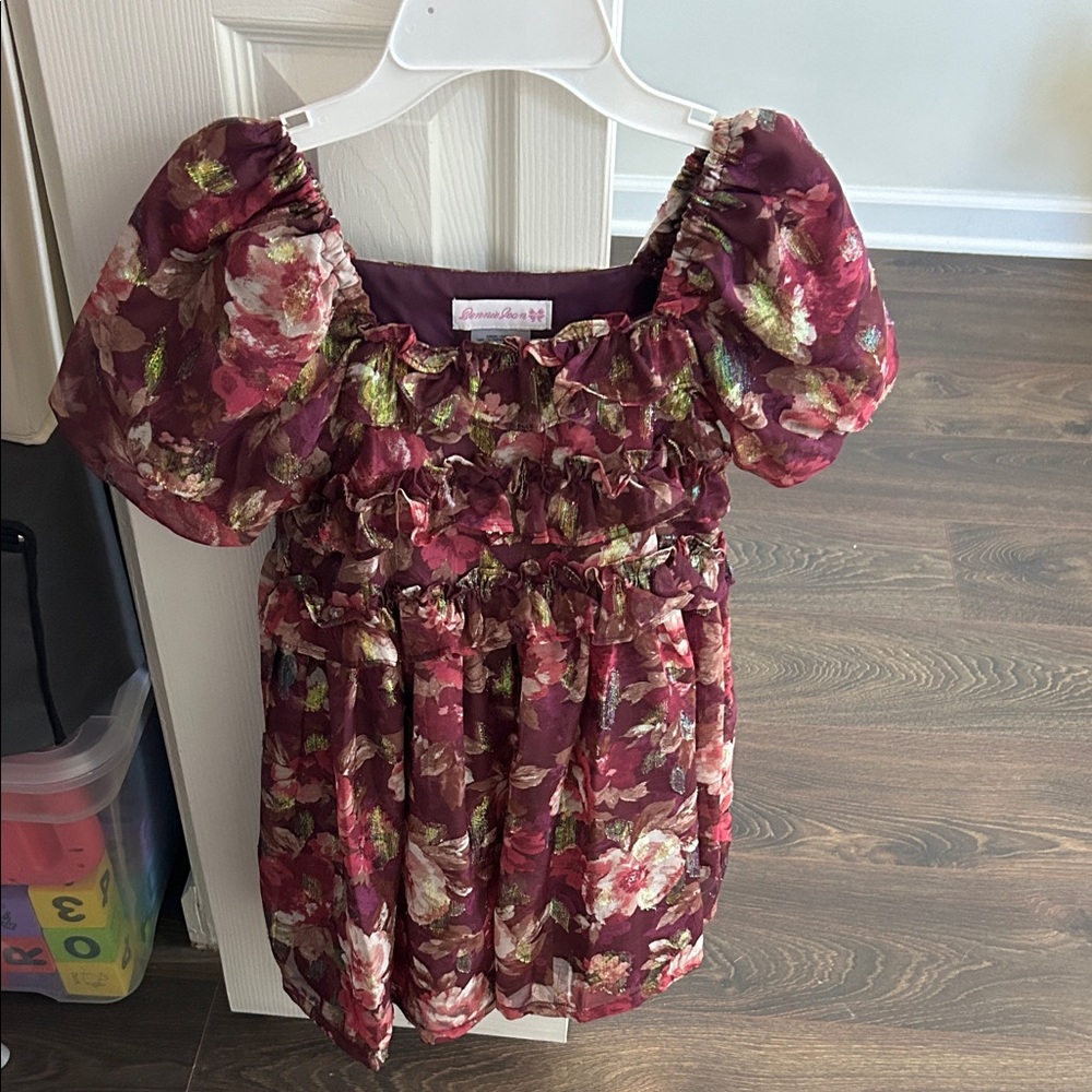 Bonnie Jean Burgundy Floral Puff Sleeve Dress